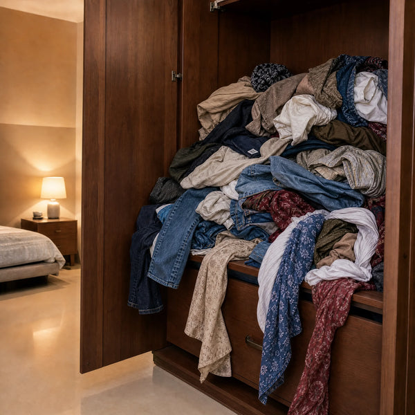 Shelf with jeans, t-shirts and scarves all mixed together