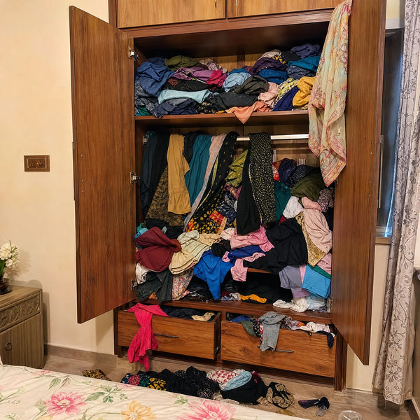 Wardrobe shelf with clothes piled in a messy heap