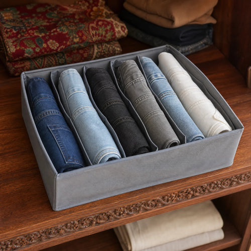 6 pairs of jeans standing vertically on a wardrobe shelf
