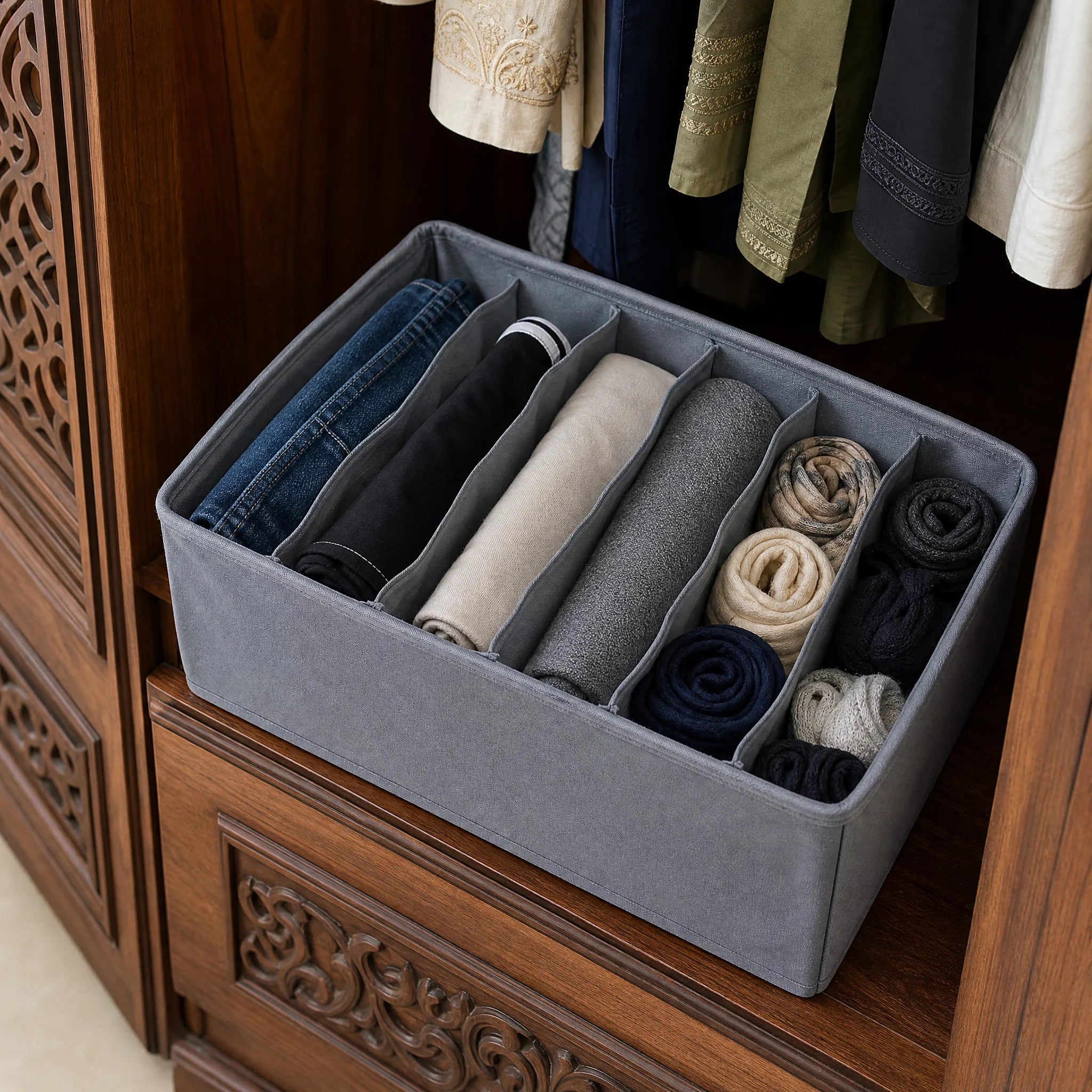Beautiful organized wardrobe with multiple 6-grid organizers on every shelf