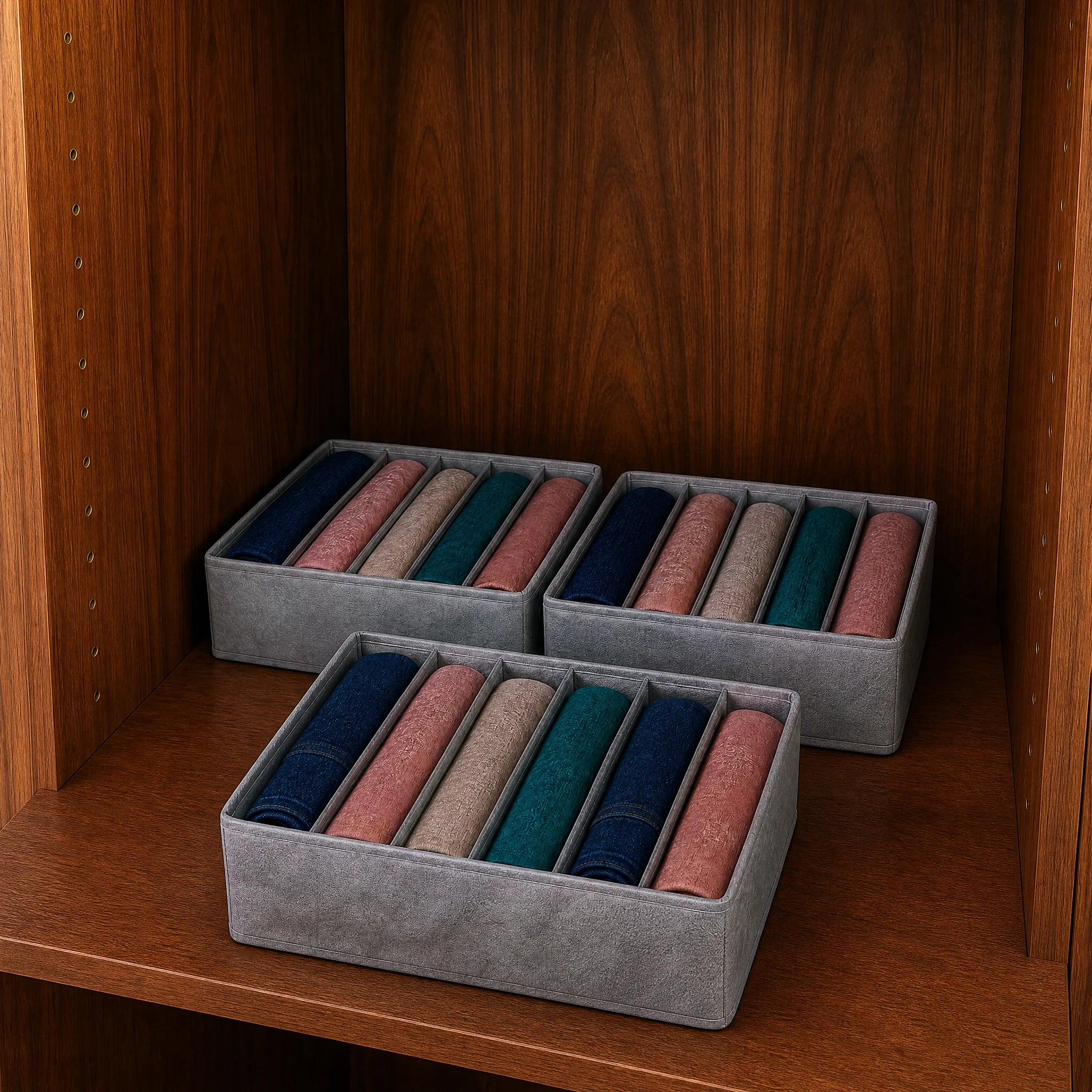 Full wardrobe with multiple 6-grid organizers on every shelf