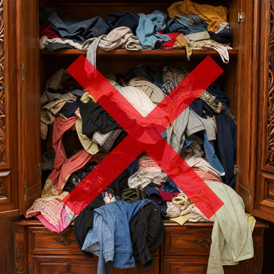 Wardrobe shelf with clothes piled in a chaotic heap