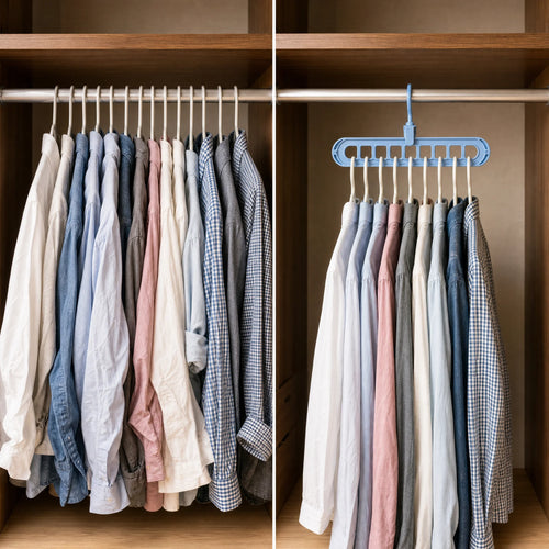 9 shirts on wardrobe rod