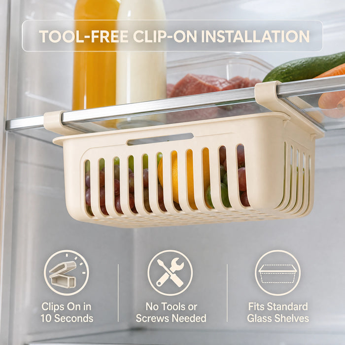 Basket clipped onto fridge shelf rails