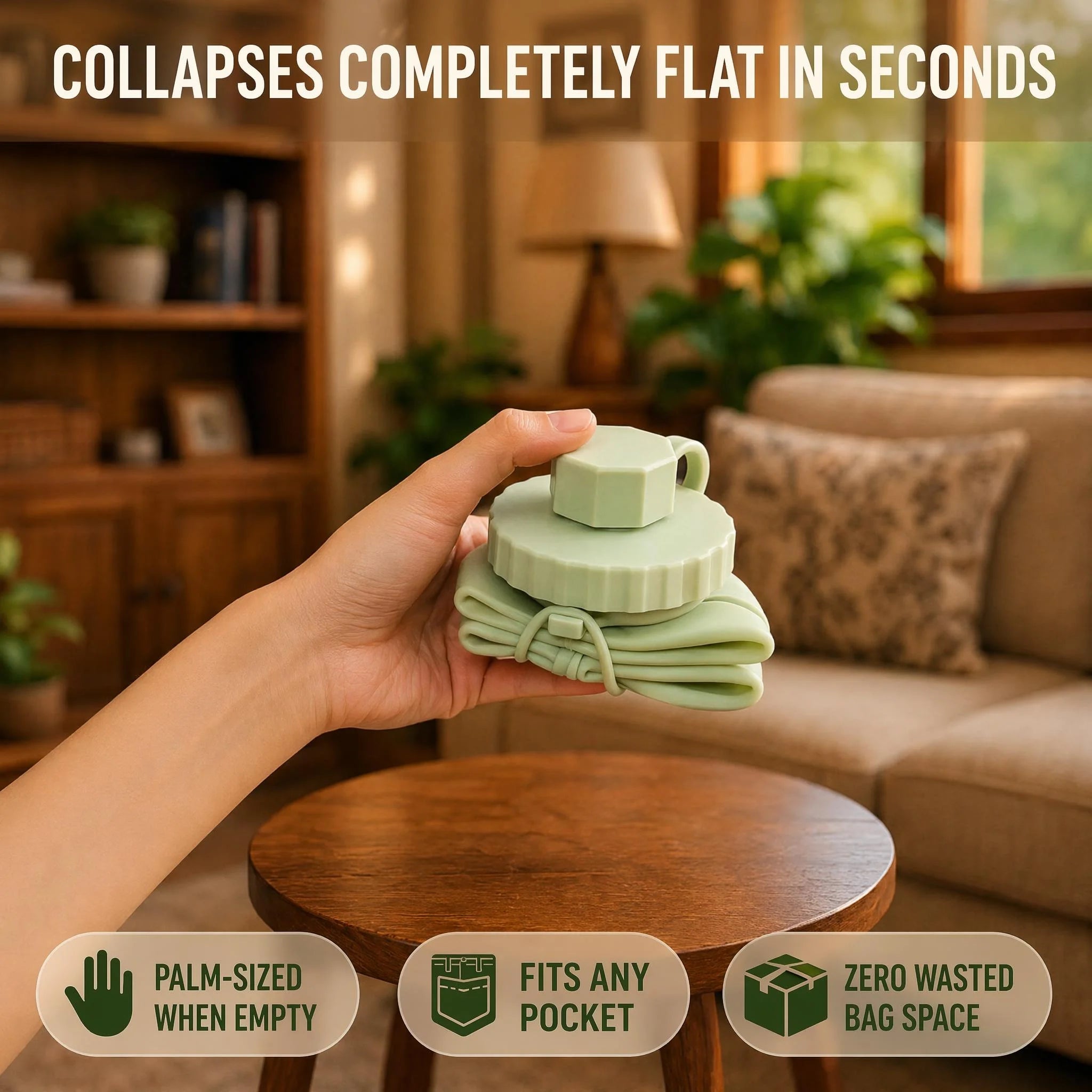 Collapsed flat disc state beside hand