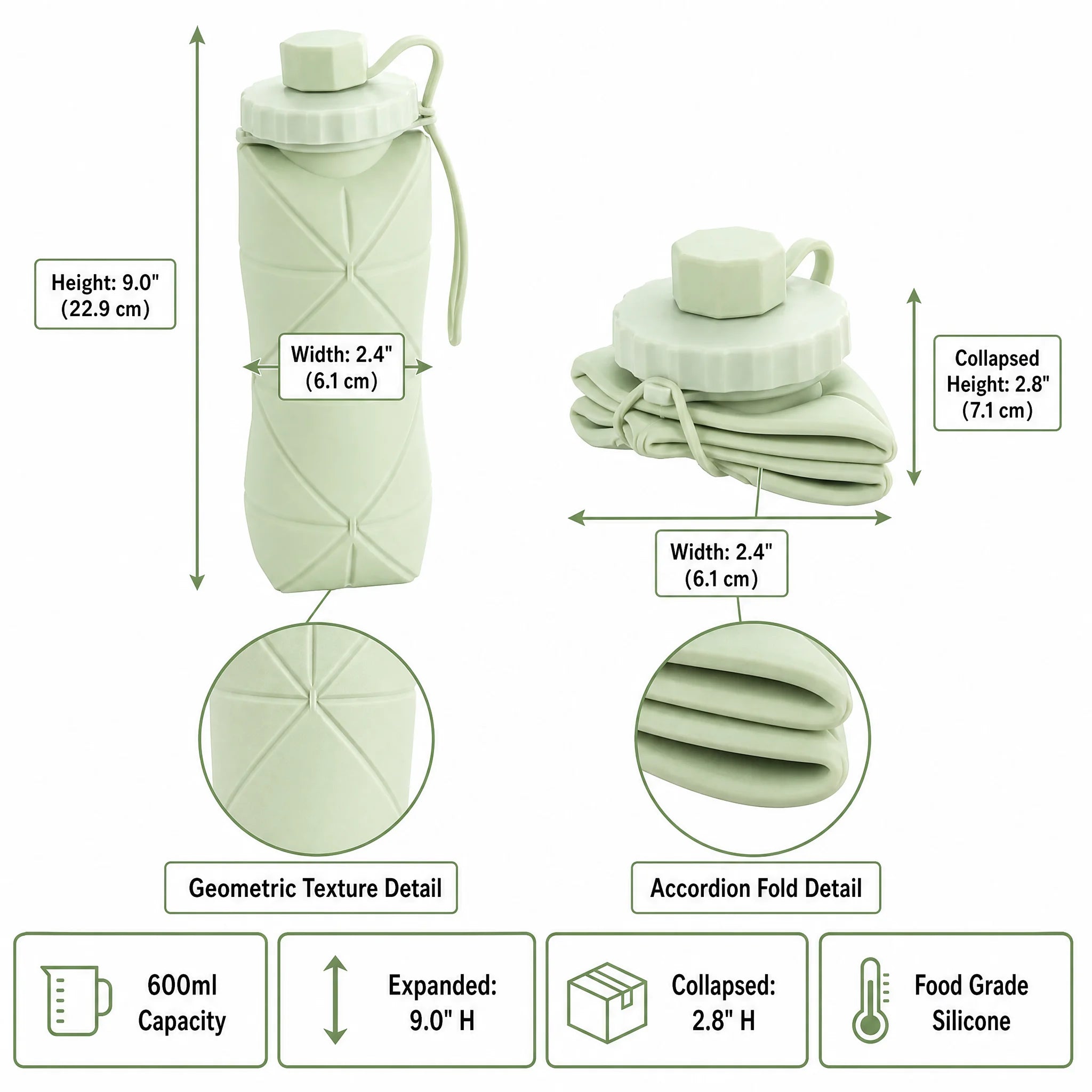 Bottle dimensions diagram — expanded height, collapsed disc, and diameter