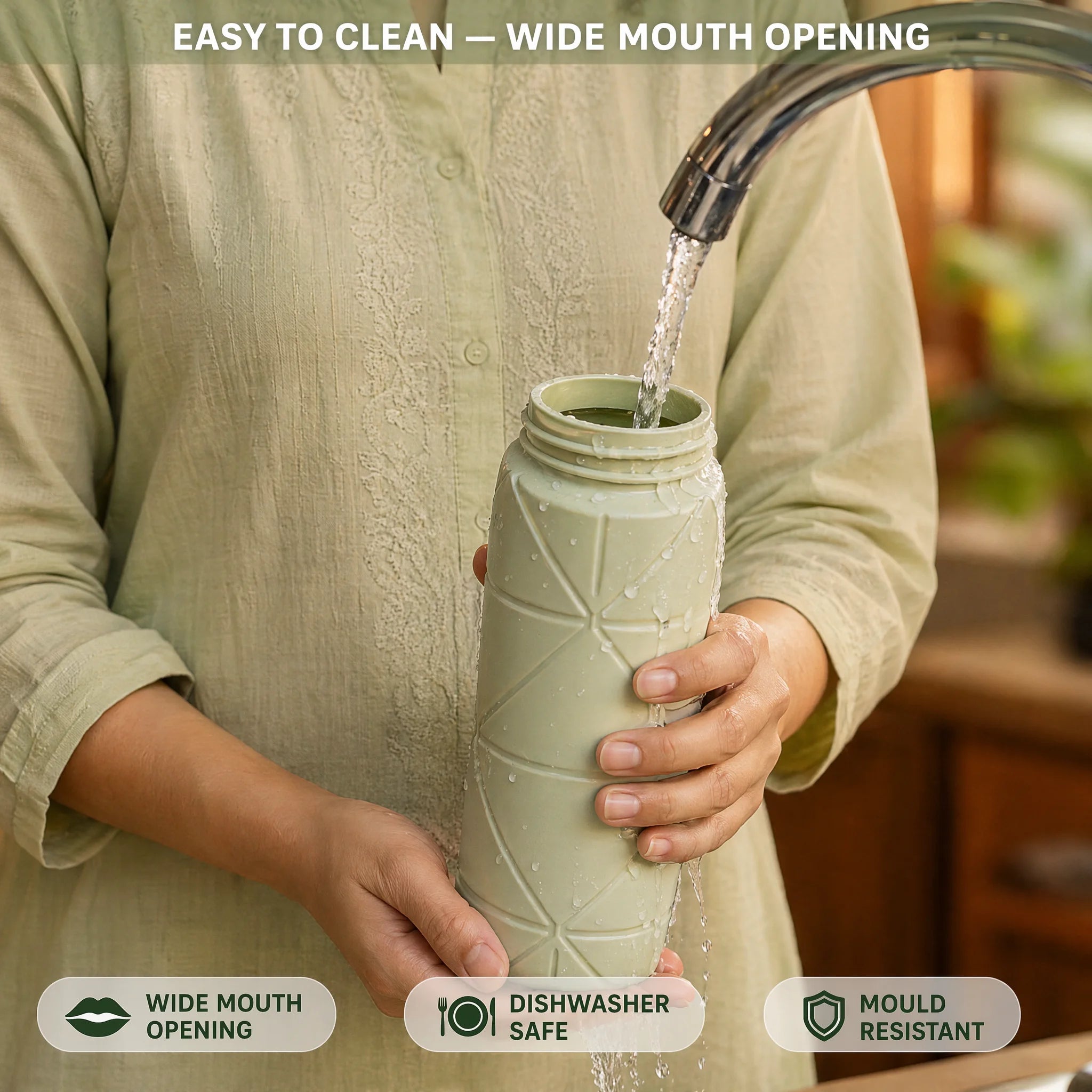 Rinsing bottle under tap