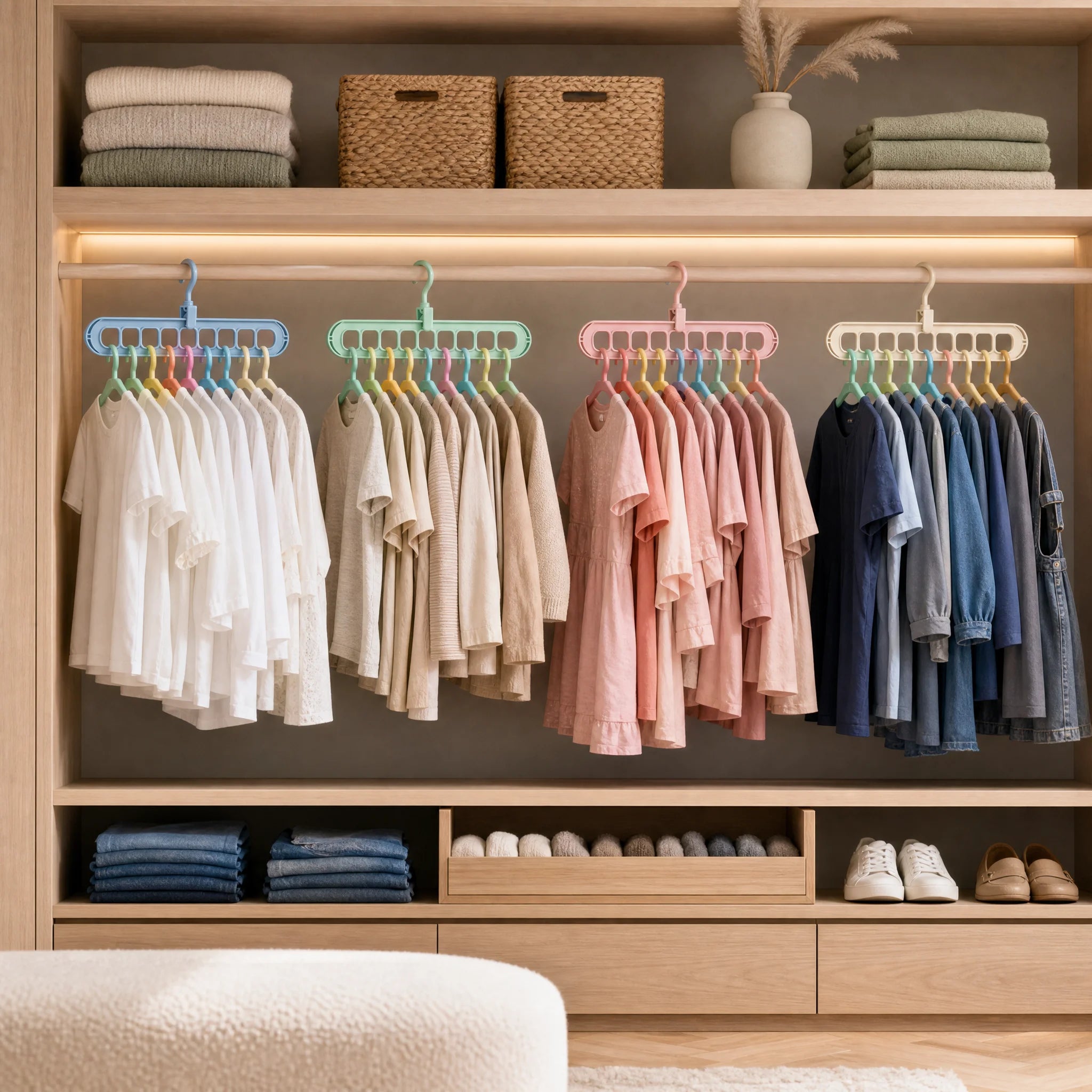 Fully organized wardrobe with magic hangers