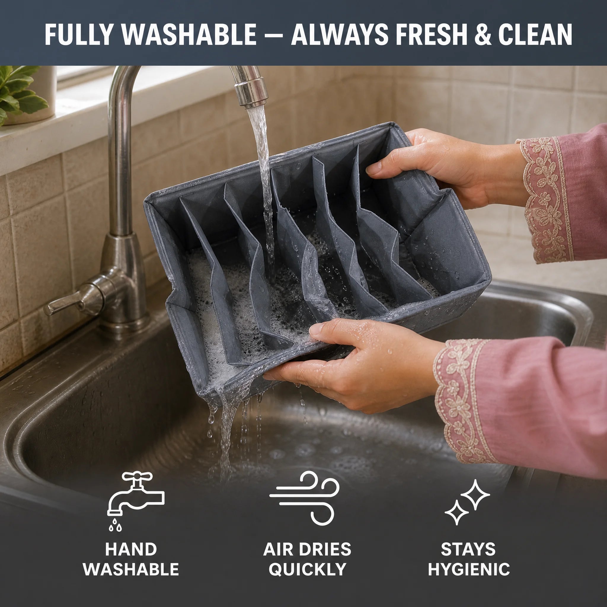 Organizer being hand-washed under a tap