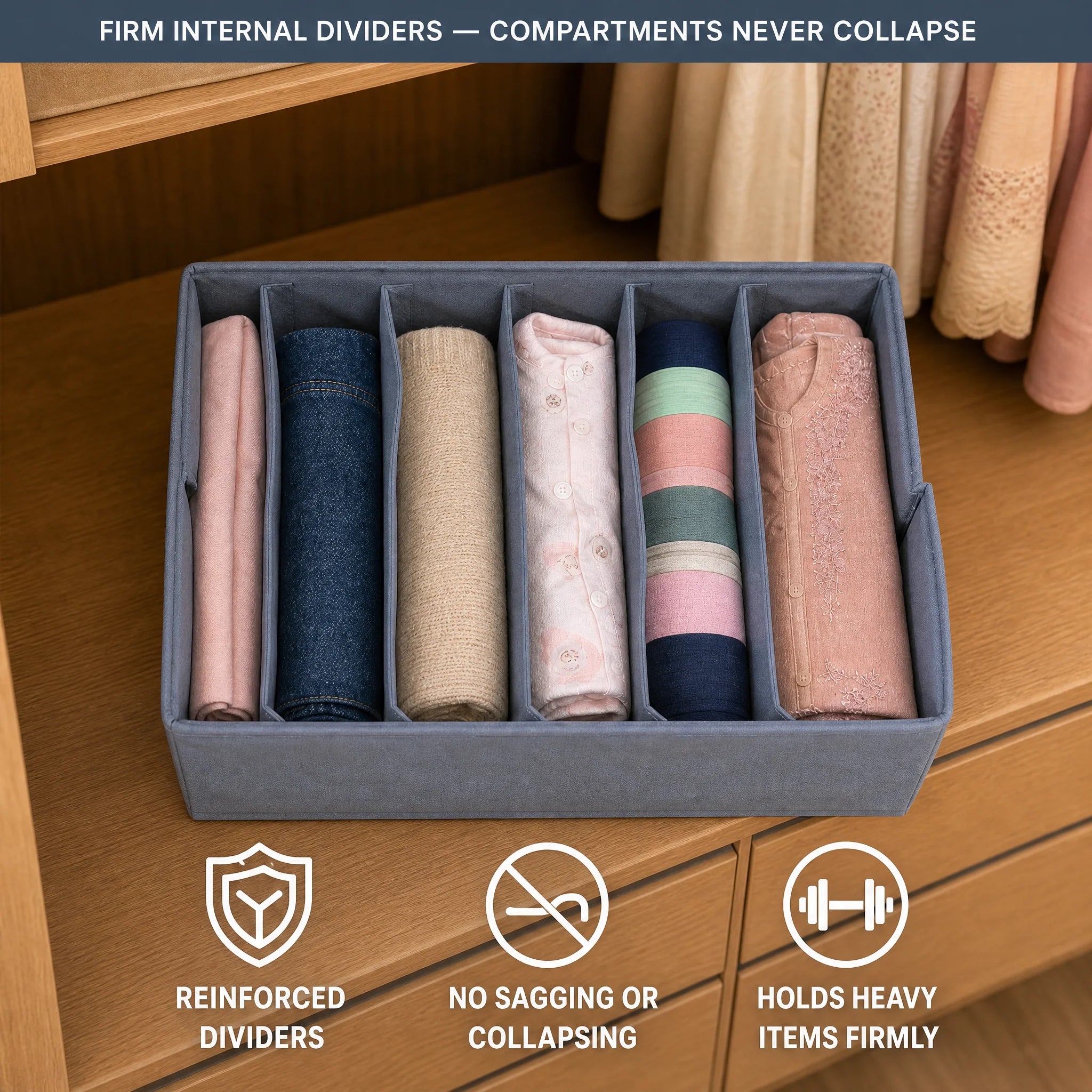 Top-down view of internal fabric dividers standing upright