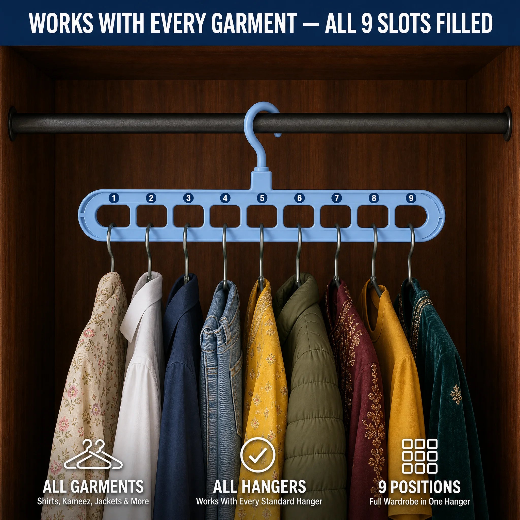 Various clothing types on hanger