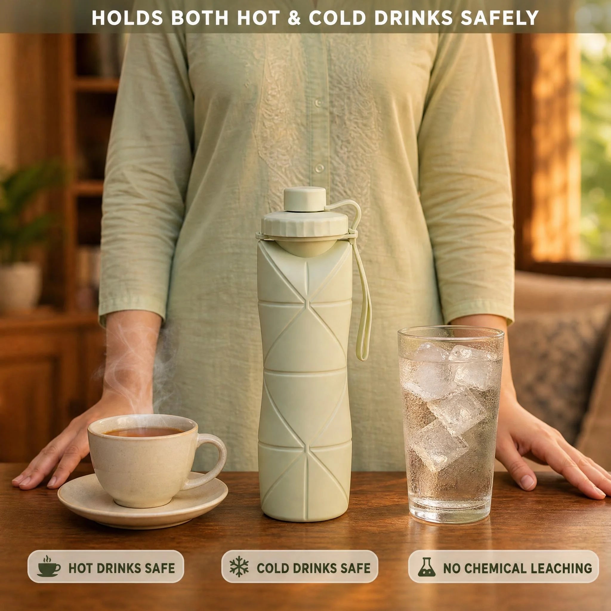 Bottle standing beside hot tea and cold water