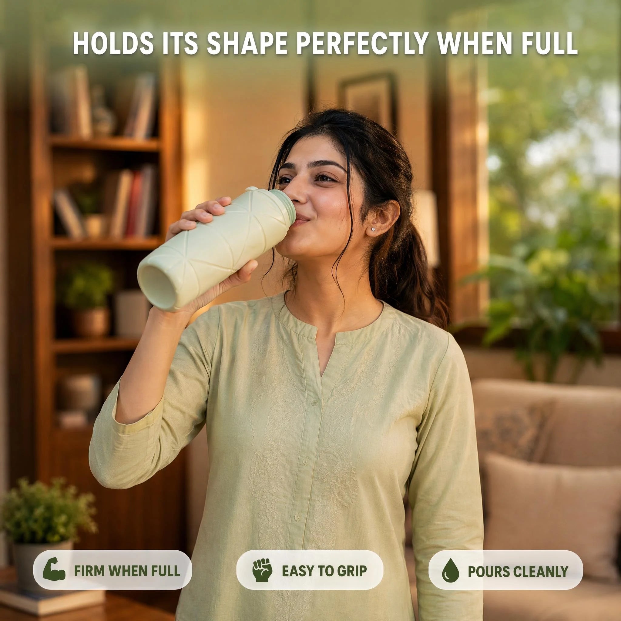 Hand holding fully expanded bottle taking sip