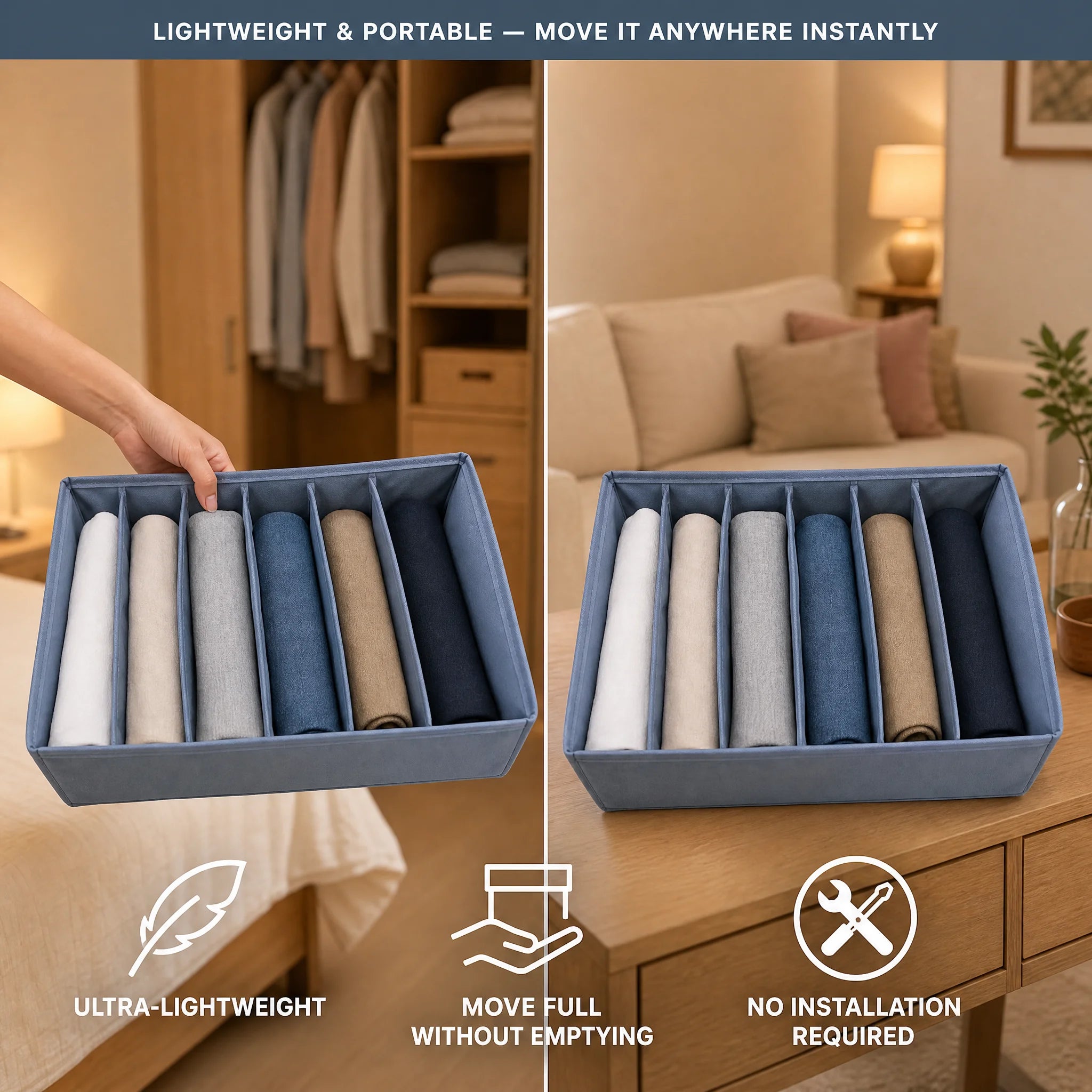 Organizer being carried easily to a different room