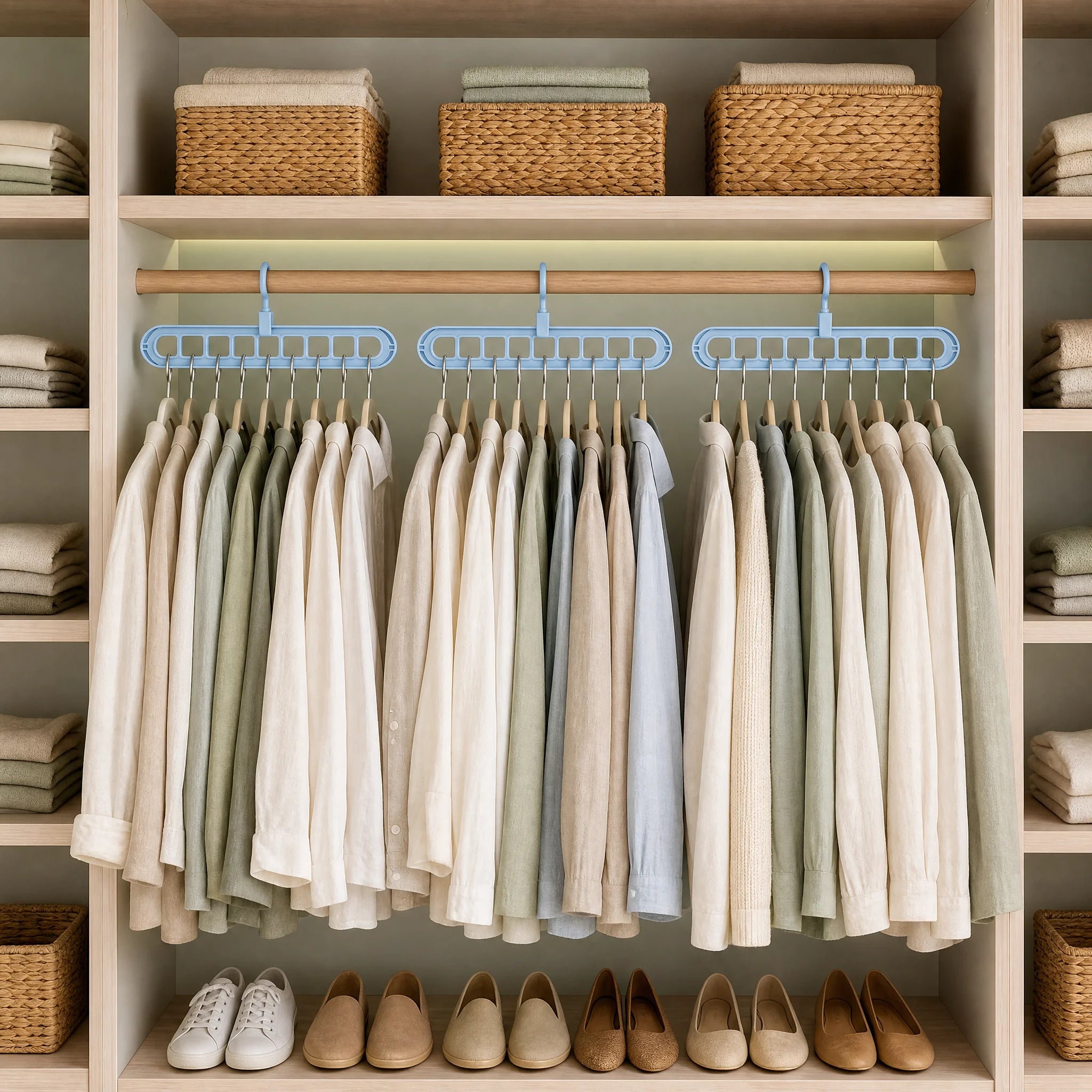 Full organized wardrobe with multiple magic hangers