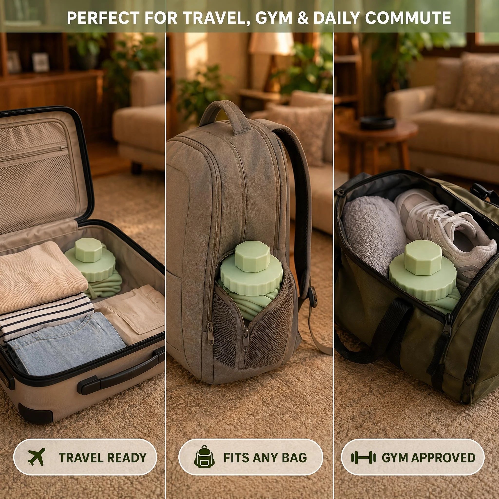 Bottle in luggage, backpack side pocket and gym bag