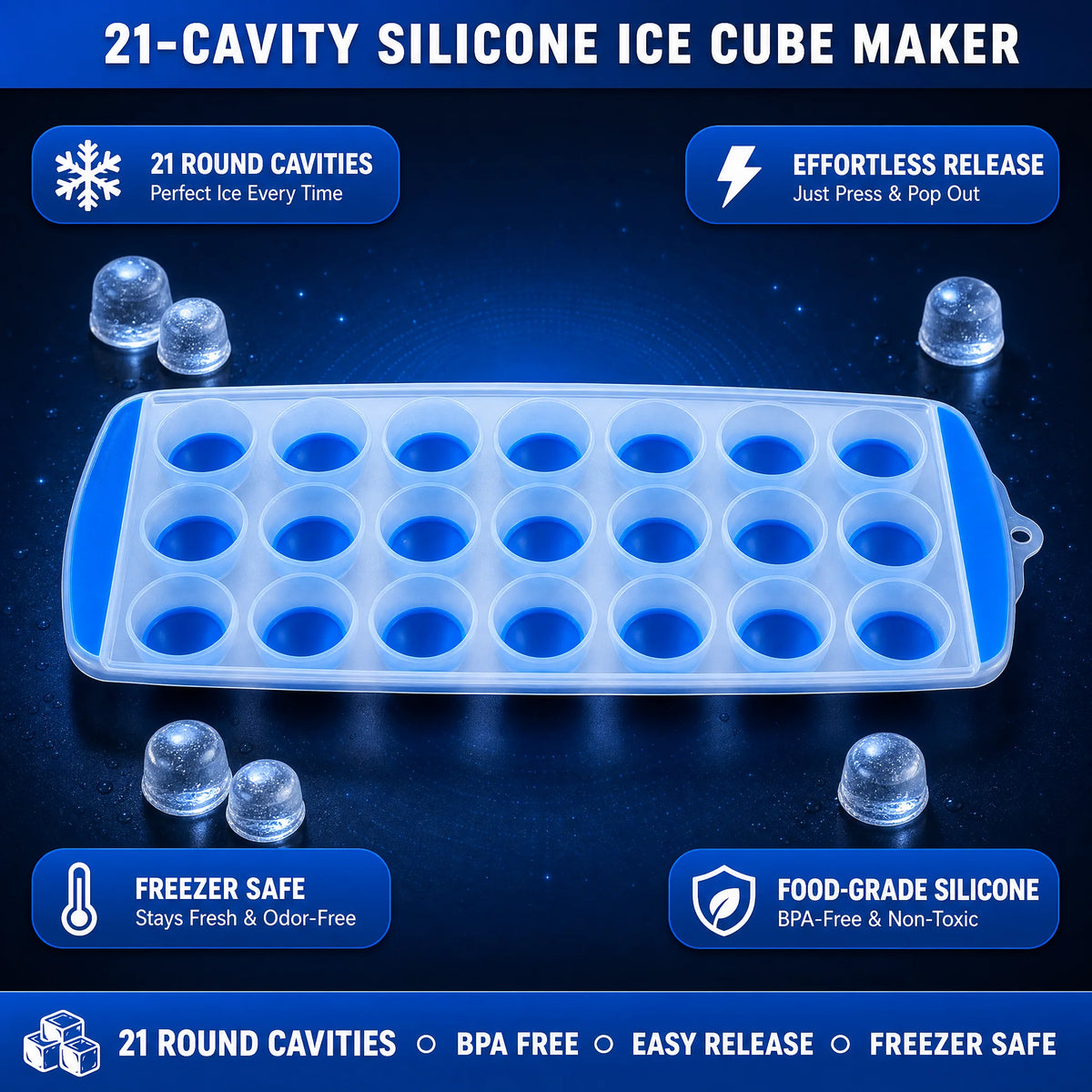 Silicone Round Ice Cube Tray – 21 Cavity
