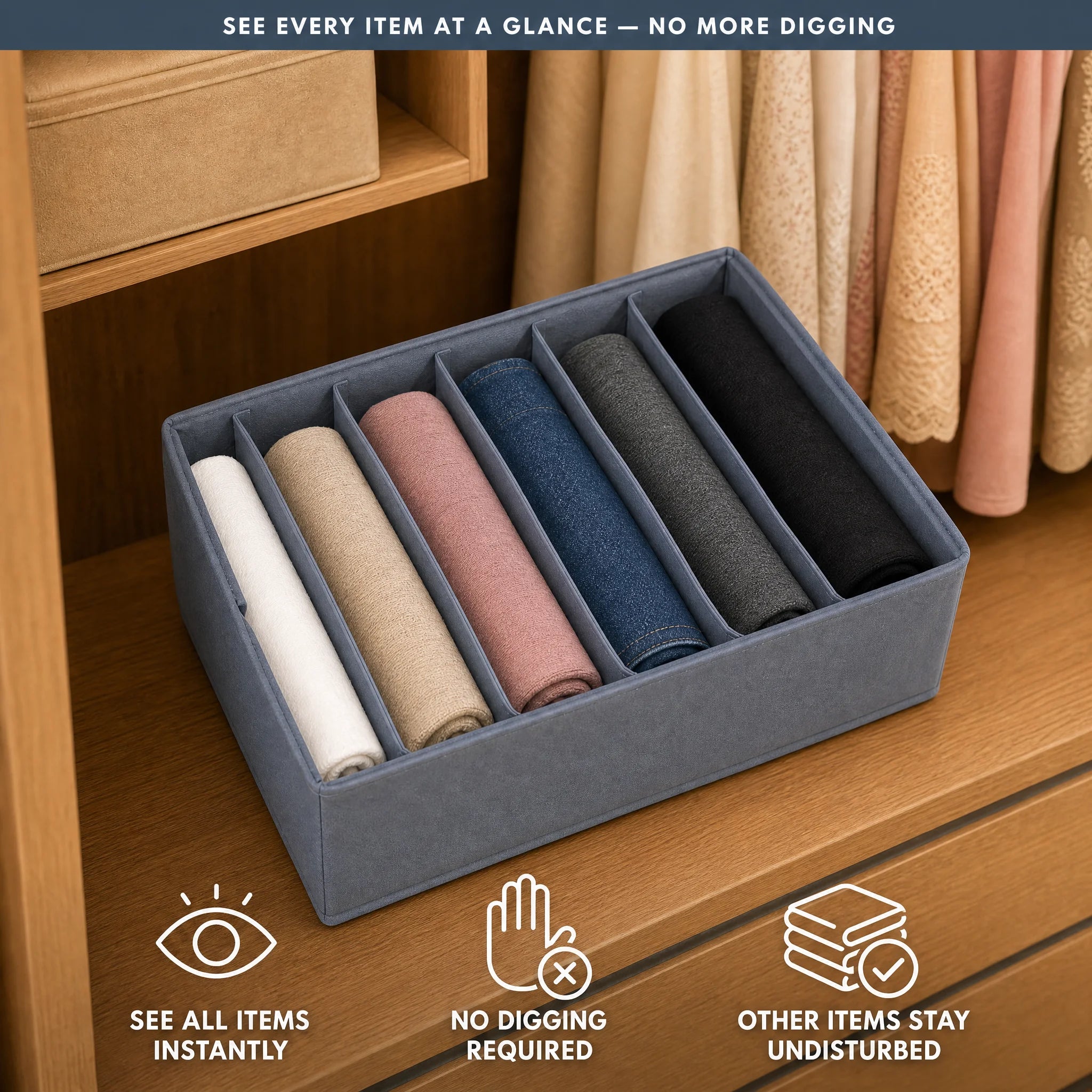 Organizer filled with color-coded folded clothes