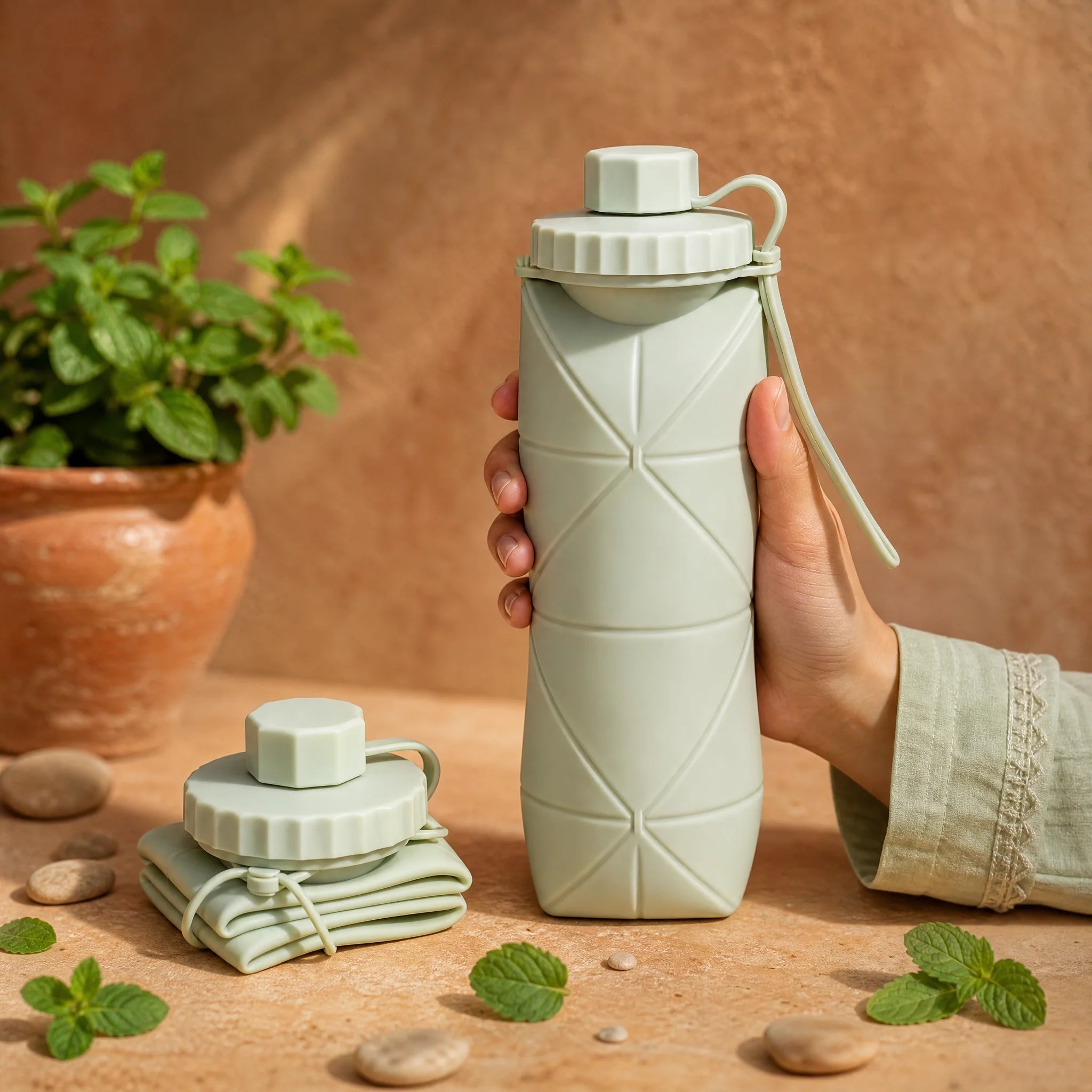 Foldable silicone bottle closed and open states