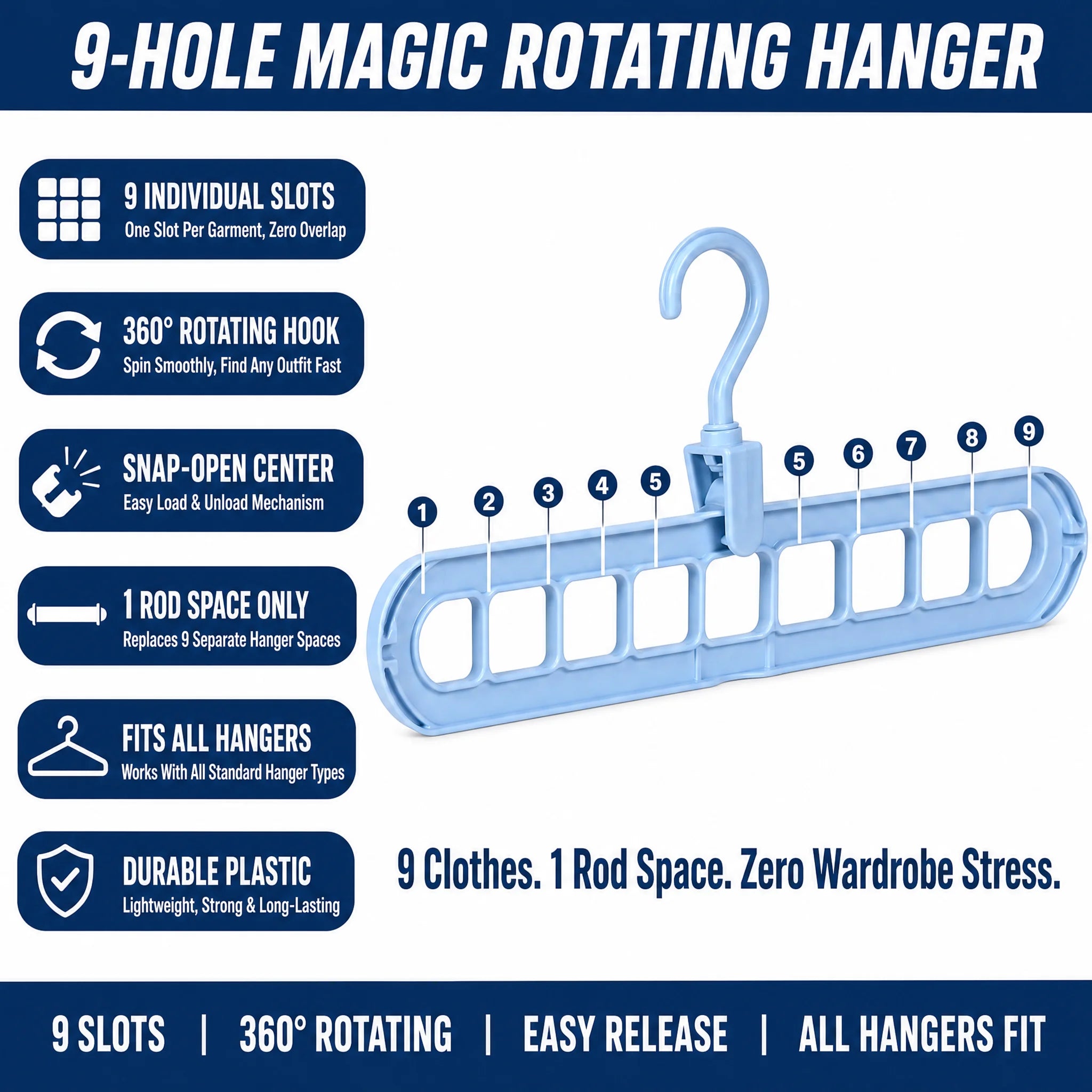 9-hole magic hanger — close-up of 9 slots and rotating hook