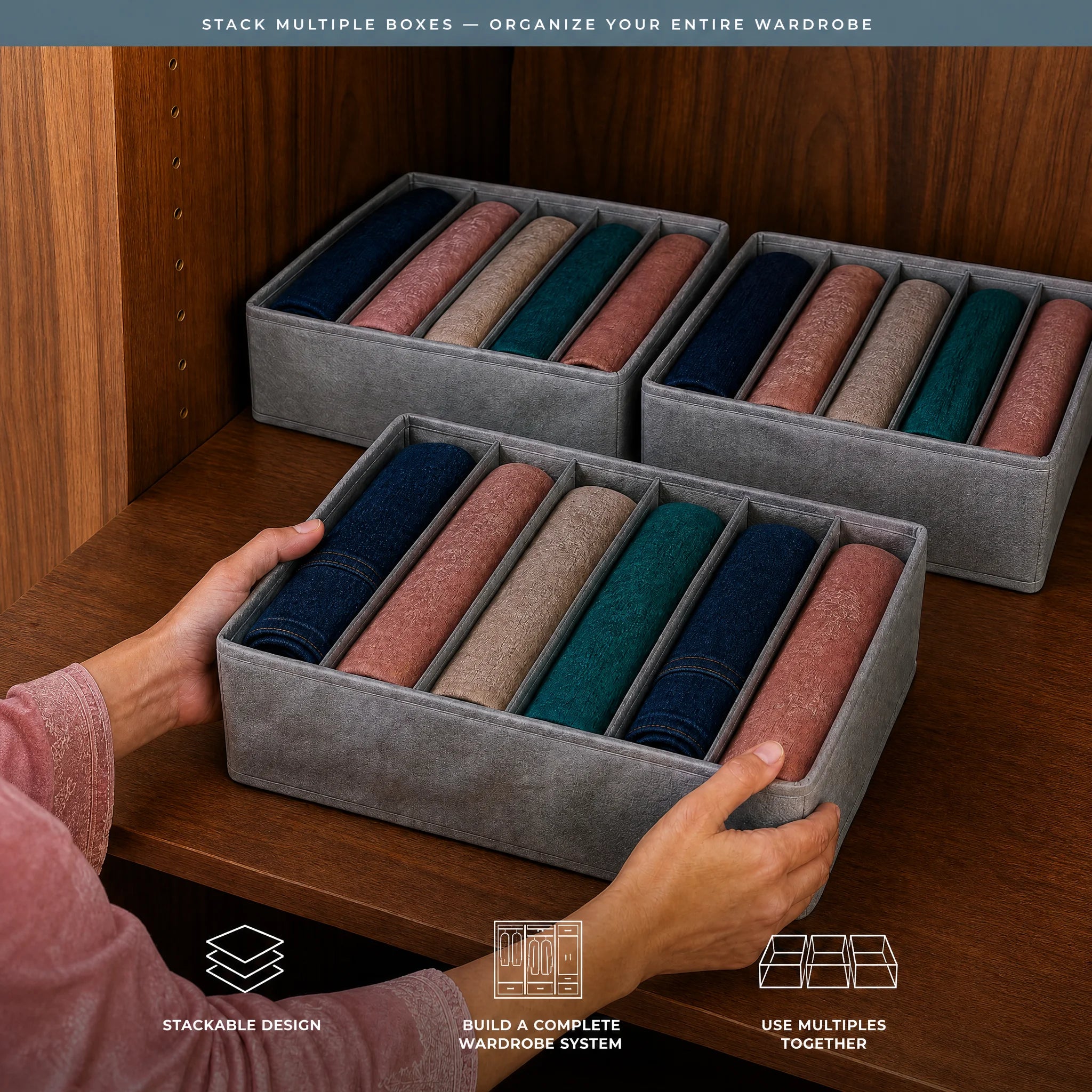 Multiple organizers stacked on wardrobe shelves