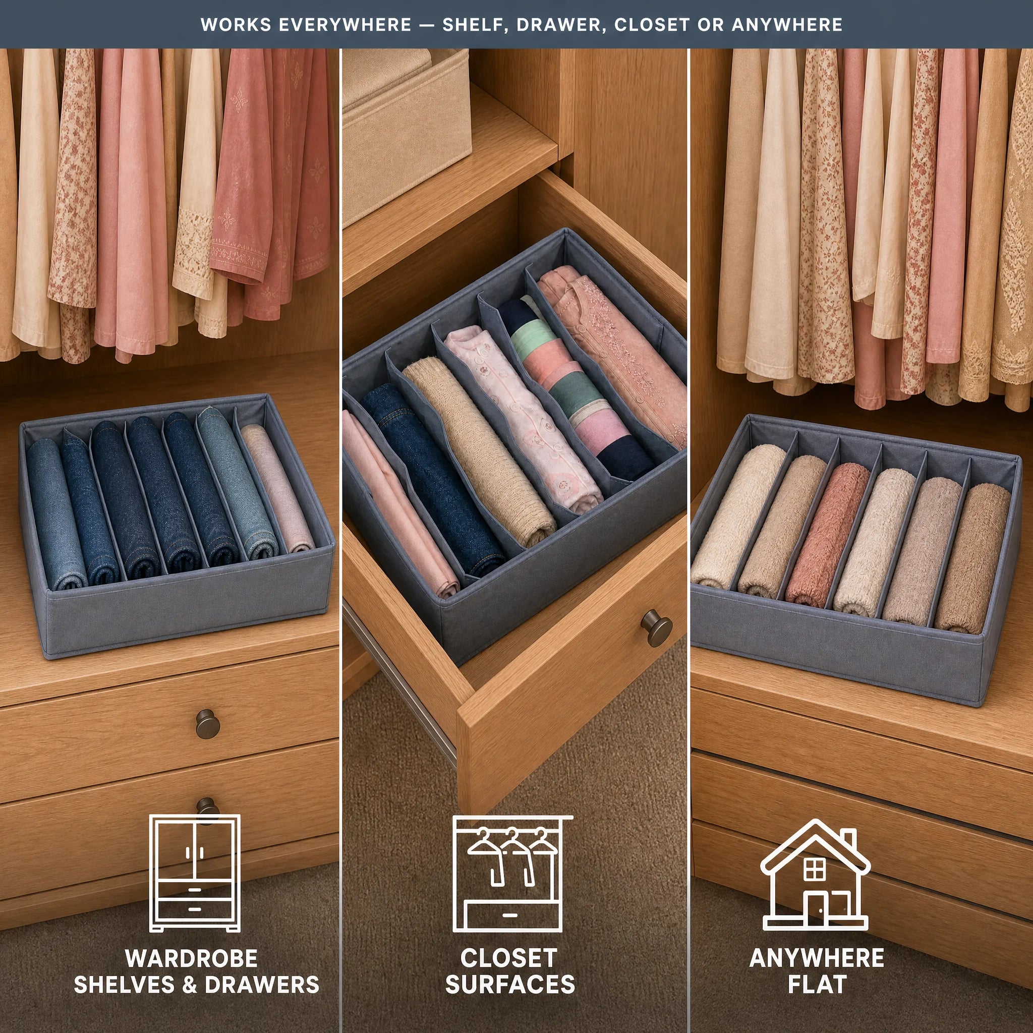 Organizer on a shelf, inside a drawer and on a closet surface
