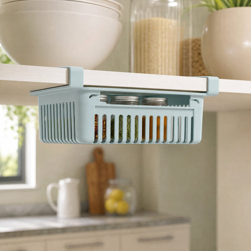 Basket holding items under a kitchen shelf