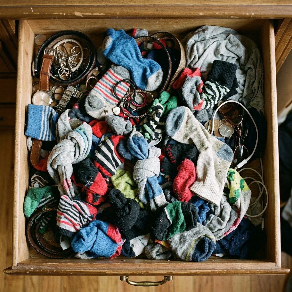 Tangled messy drawer with mixed socks